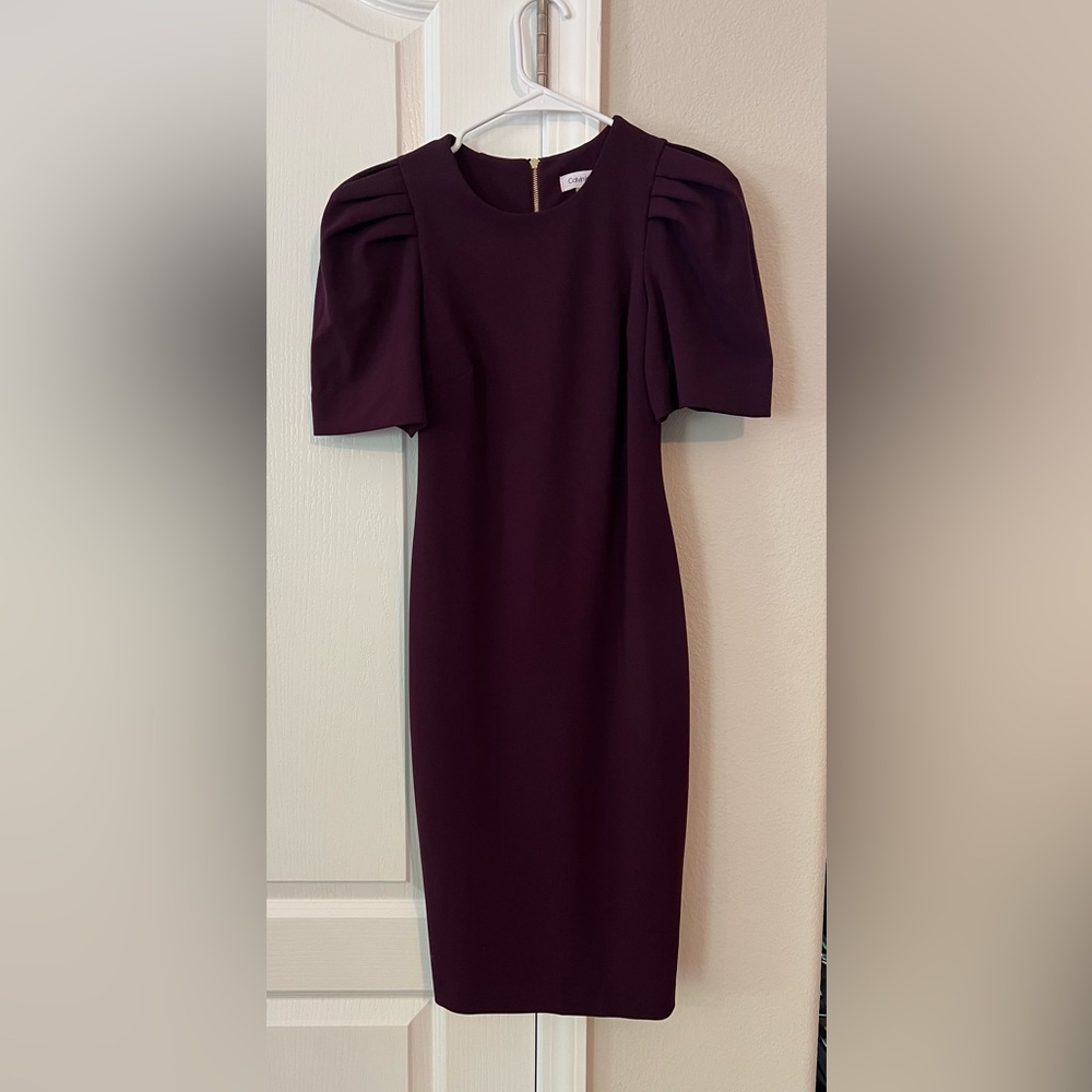 Purple Sheath Midi Dress with Puff Sleeves